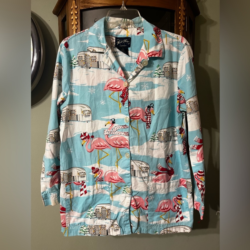 Vintage Nick & Nora Airstream Camper Flamingo Pajama Shirt Classic Sleep Medium